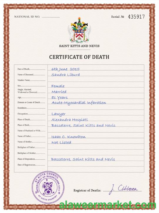 Saint Kitts and Nevis death certificate PSD template